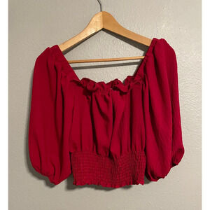 Vintage Womens Top Large Red Smocked Puff Sleeve Crop Peasant Milkmaid Boho 90s